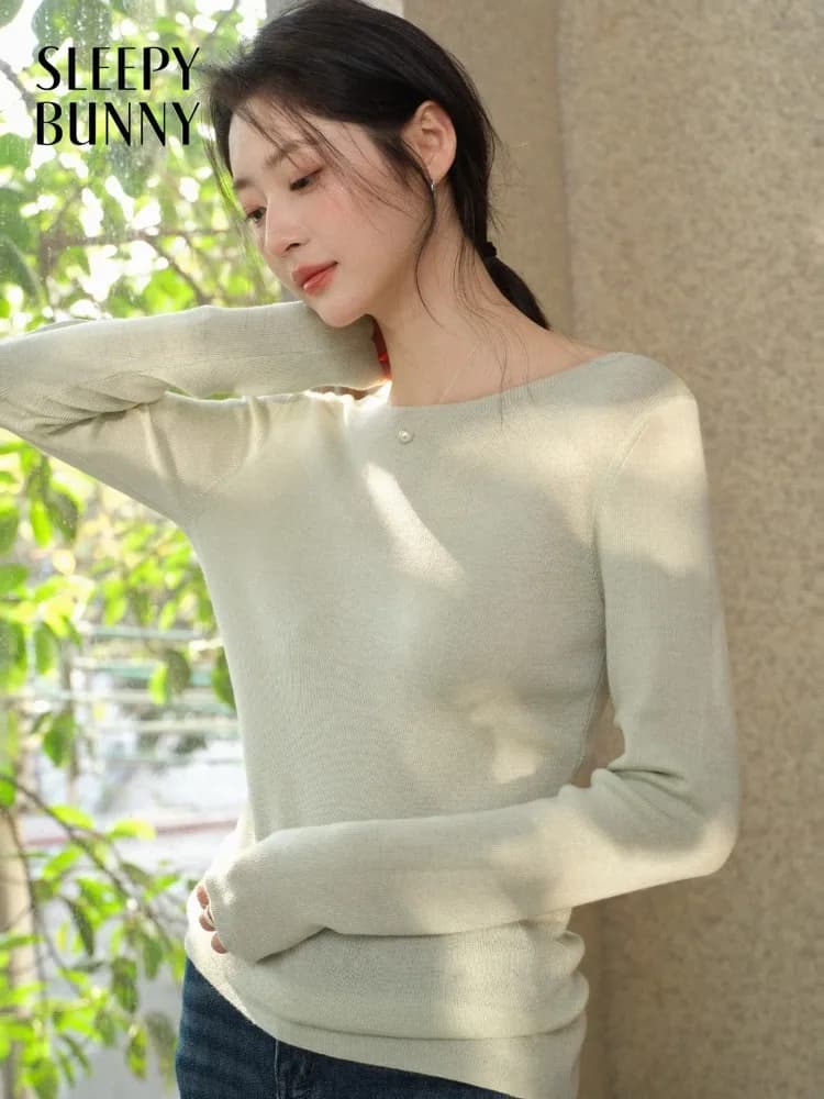 Women Spring Wool Knit Top Boat Neck Long Sleeve Solid Slimming Pullover Versatile Casual Tee New Arrival Soft Breathable Lady