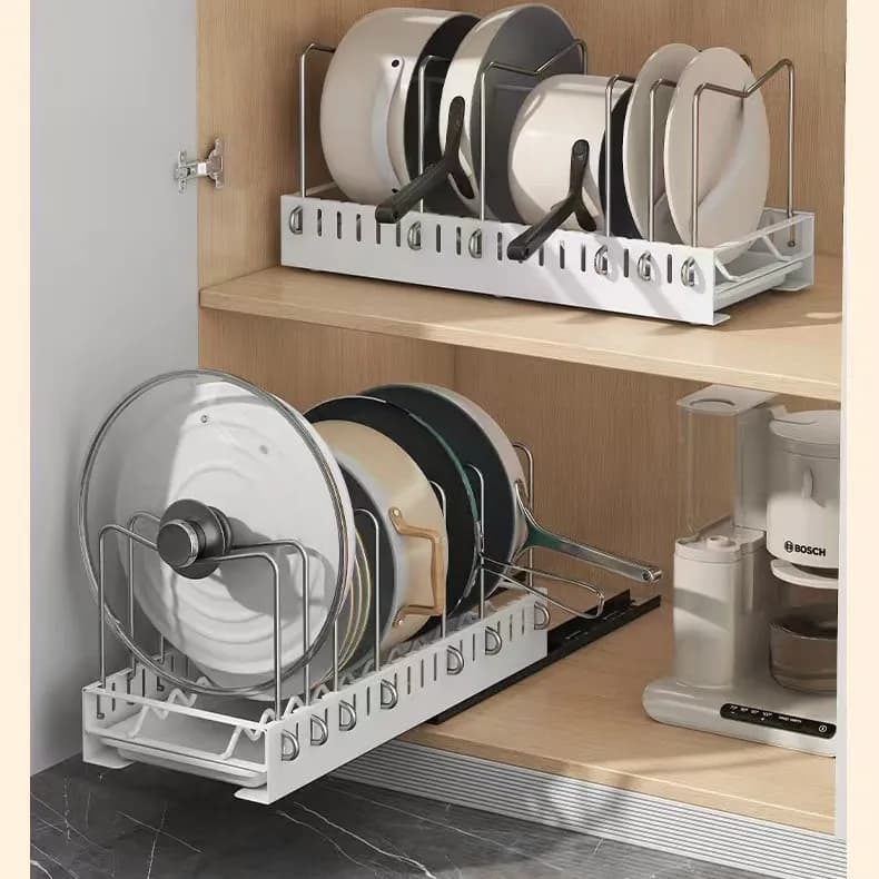 Organizzatore multifunzionale da cucina: estraibile per pentole/panelle, supporto per coperchio scorrevole, portaspezie e stendibiancheria, organizer per cassetti