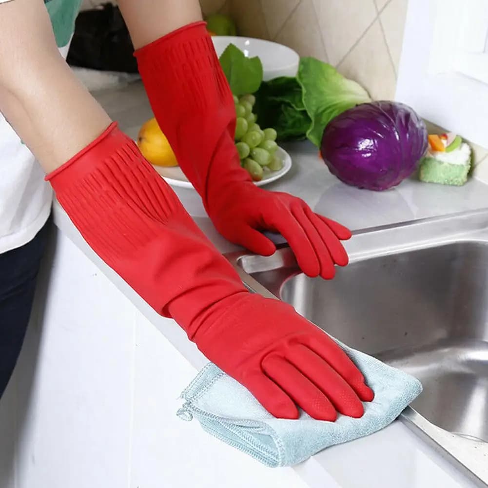 1 paio di guanti rossi per lavare i piatti, pulire, guanti con maniche in gomma impermeabili, guanti lunghi in lattice, strumento da cucina, protezione delle mani