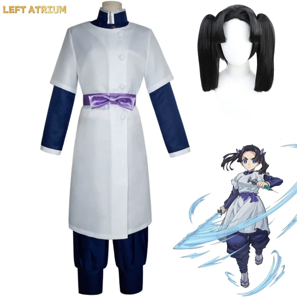 Costume Cosplay Anime Kanzaki Aoi, Uniforme da Combattimento Blu Scuro, Veste Bianca, Parrucca, Abito Carino da Donna per Festa di Halloween