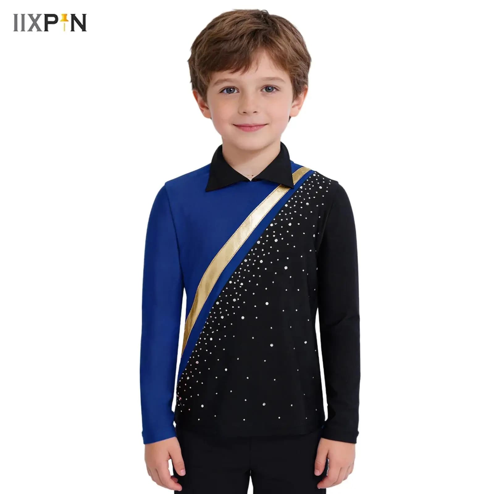 Magliette per Pattinaggio Artistico da Bambino, Costume a Maniche Lunghe con Strass, Abbigliamento per Danza Latina, Balletto e Pattinaggio su Rotelle