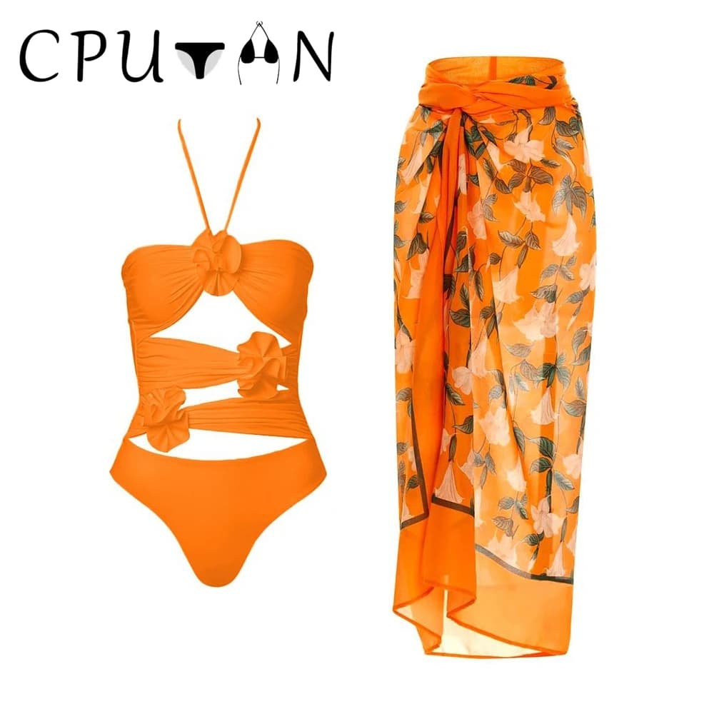 CPUTAN 2024 Sexy 3D Fiore Costume intero Gonna Estate Donna Halter Stampa Costumi da bagno Abito da spiaggia Cover Up Monokini Costume da bagno