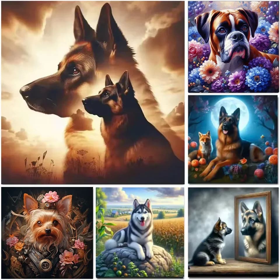 Kit Completo Pittura Diamante 5D Fai da Te, Mosaico a Punto Croce, Tema Cane Husky e Fiori, Ricamo a Copertura Totale, Decorazione Murale Fantasia