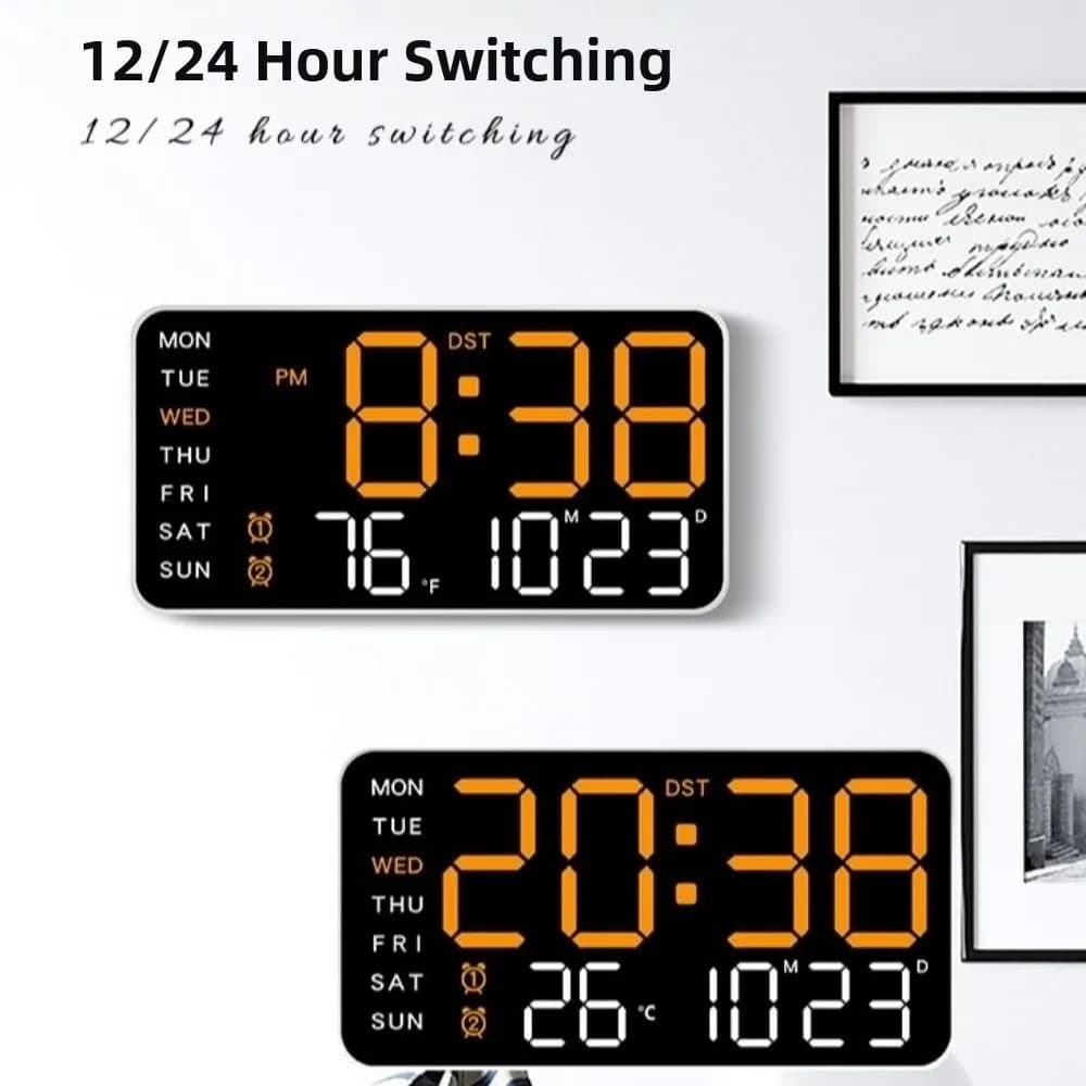 Voice Control Digital Wall Clock Large Display Temperature Display LED Alarm Clock 12/24H Format DST Function