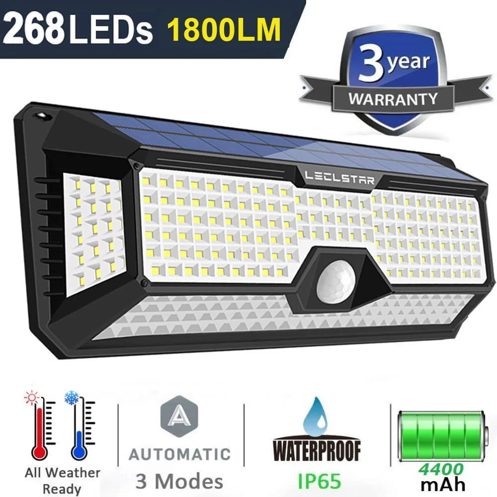 Luci solari da esterno LECLSTAR - 268 luci di sicurezza a LED con 4 luci grandangolari, impermeabili con sensore di movimento a 3 modalità per esterni