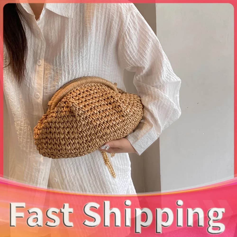 Women Straw Woven Bag Chain Strap Stylish Crossbody Bag Large Capacity Weaving Satchel Bag Solid Color for Outdoor Travel