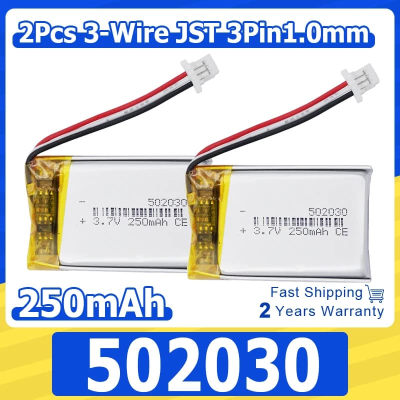 2 3.7V 250mAh 0.925Wh Li-ion 502030 Li-ion batteries with 3-pin JST connector from 1.0mm for DashCam, GSP, Mouse, Bluetooth Speaker, Headphones