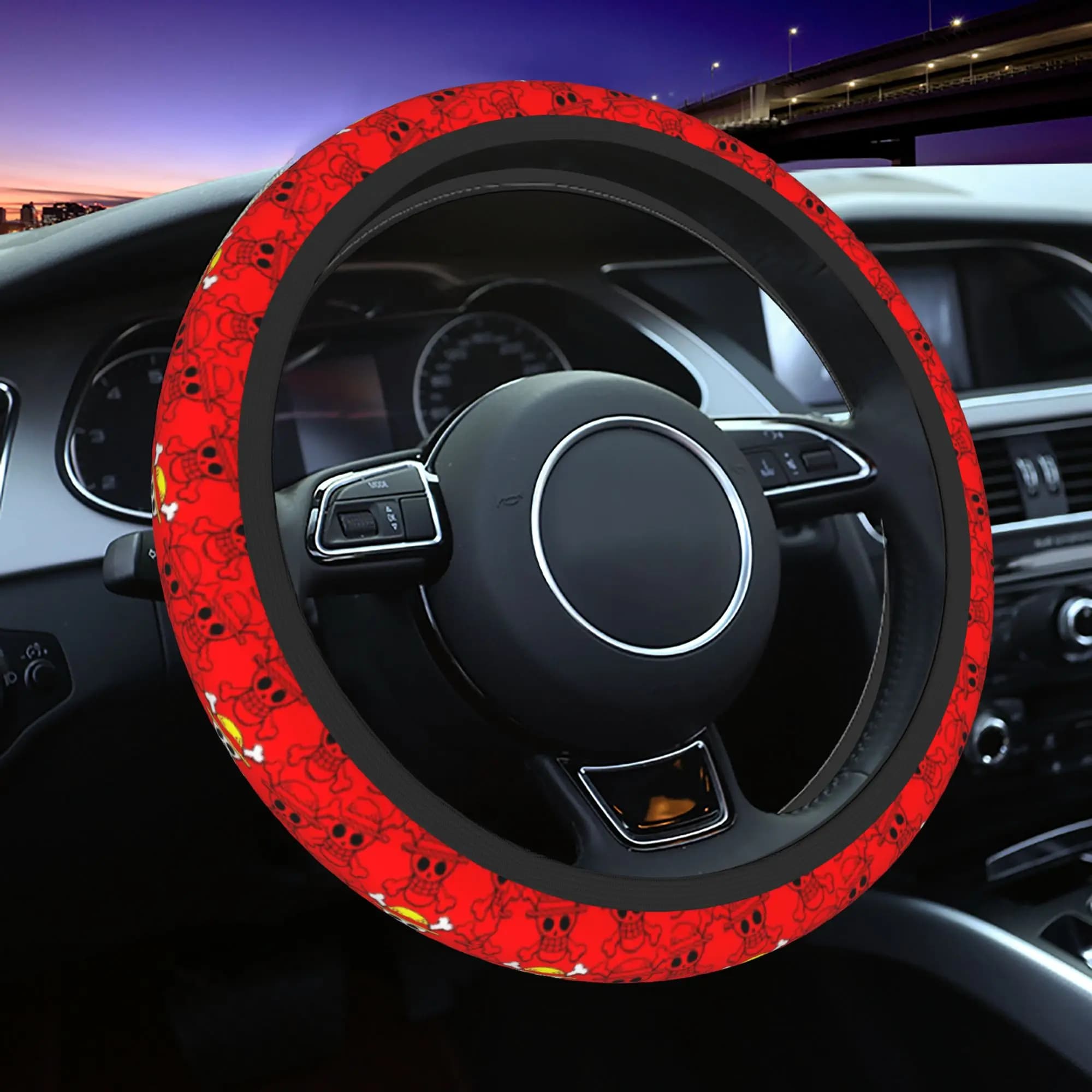 Car Cover with Japanese Soul Motive Zoro Luffy Skull, One Piece Steering Wheel Cover, Interior Car Accessories