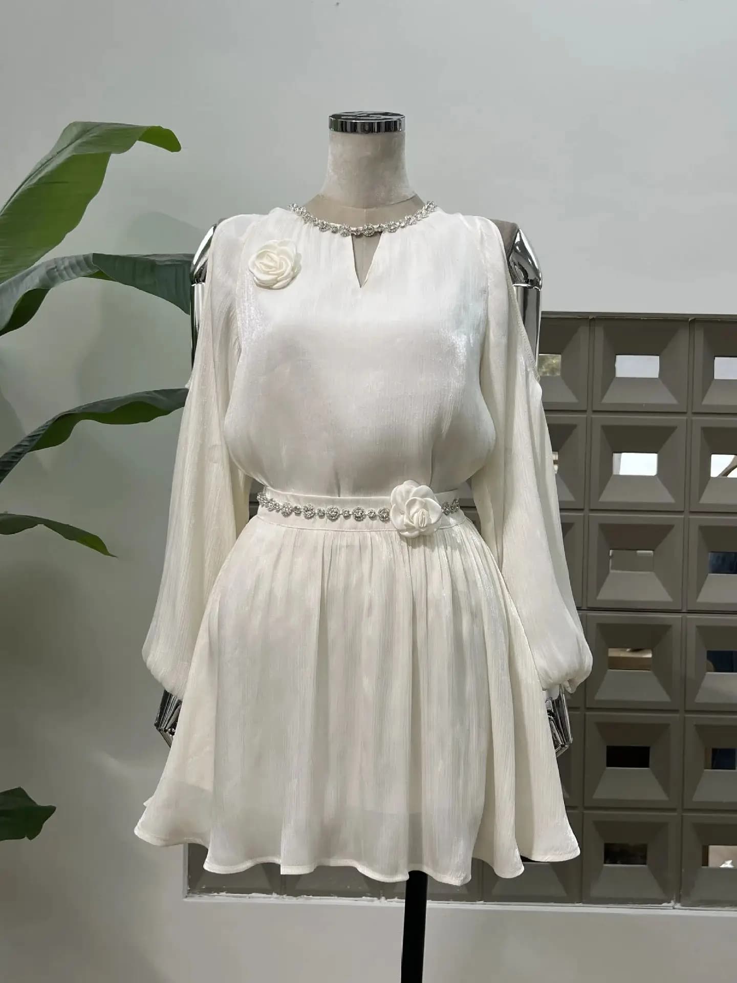 Women Two-Piece Dresses Off-Shoulder Blouse Flower Rhinestone Top Security Short Skirt Set Beach Party Vacation New Evening Gown