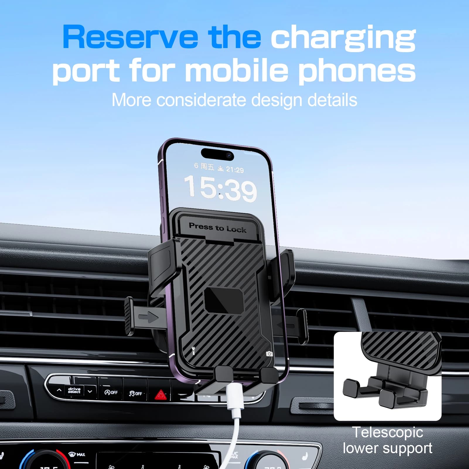 Supporto universale per telefono da auto con clip a gancio per prese d'aria condizionate per veicoli compatibile con dispositivi iPhone Xiaomi e Samsung