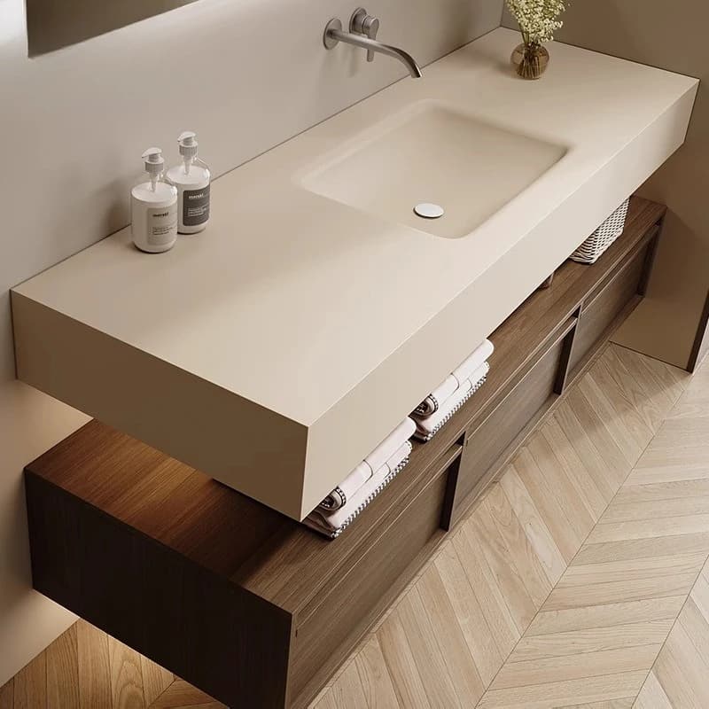 Lavabo integrato pressato a caldo in pietra artificiale, mobile bagno, lavabo combinato bagno, lavabo, specchio intelligente.