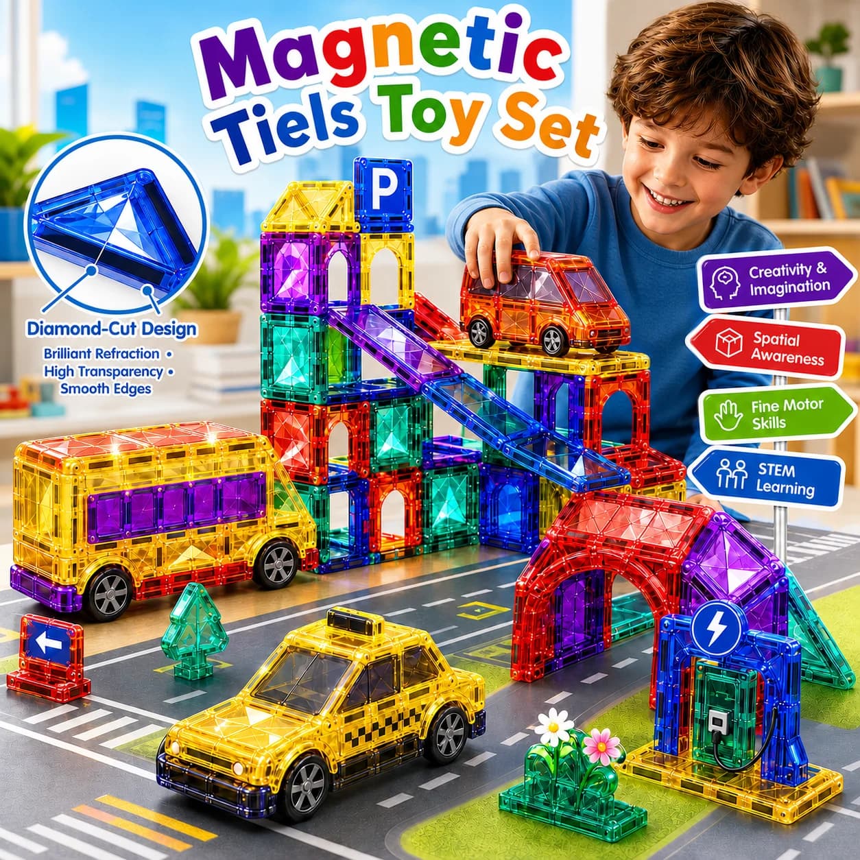 Magnetic Tiles Diamond‑Cut Surface Building Blocks STEM Magnet Construction Toy STEM Montessori Sensory Toys Gift for Children