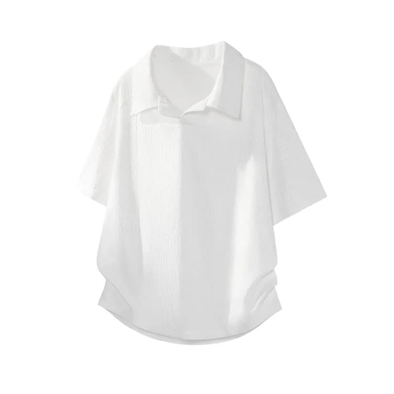 Men Breathable Crinkle Textured Short Sleeve Blouse Lapel Open V Neck Curved Hem Oversized Fit For Multi Occasion Dressing