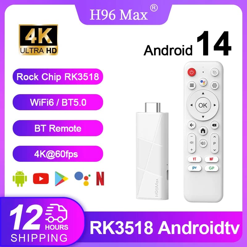 H96 MAX RK3518 Android 14 Smart Mini TV Stick Wifi 6 BT 5.4 4K HD 3D Quad-Core Ethernet con Assistente Vocale Google Media Player TV Box