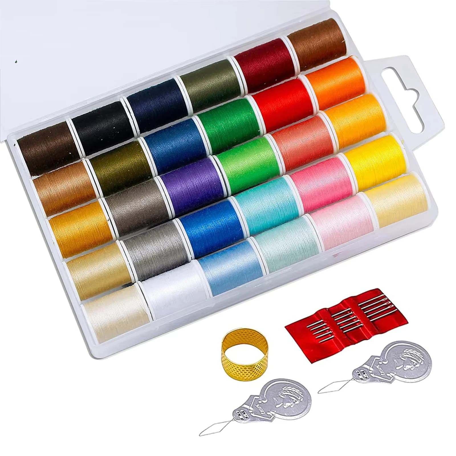 Set di 30 colori di filo da cucito, 50 iarde per bobina, con 5 aghi a occhiello grande, 2 infilatori, 1 ditalino per cucito a mano fai da te.
