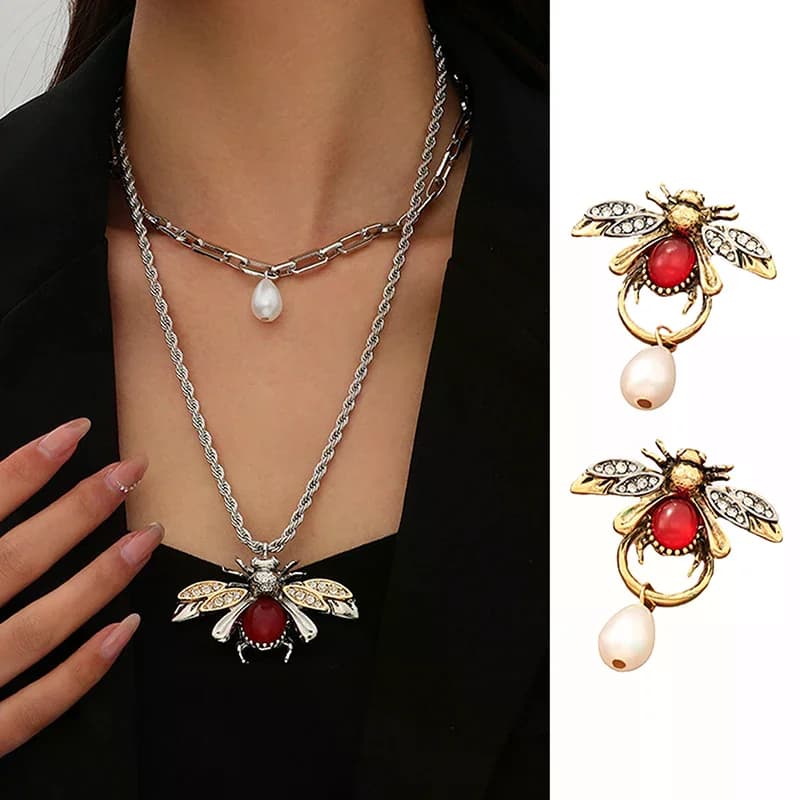 Collana con orecchini pendenti in metallo vintage con design di animali e perle finte per donna, gioielli alla moda, regali per feste e vacanze
