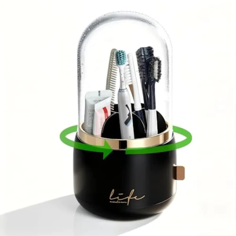 360 ° Portaspazzolino Rotante da Bagno a 7 Scomparti con Coperchio e Drenaggio per Spazzolini Elettrici, Dentifrici e Rasoi - Supporto
