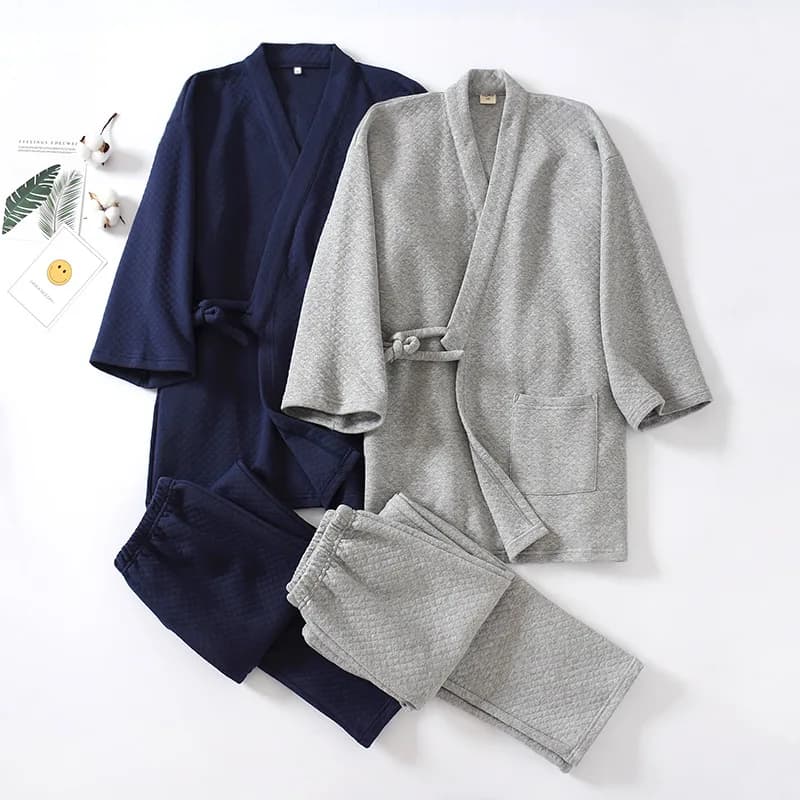 Traditional Japanese Pijama Bathrobe Kimono Set Nightwear for Men Solid color V neck Free time Yukata Night shirt Homewear