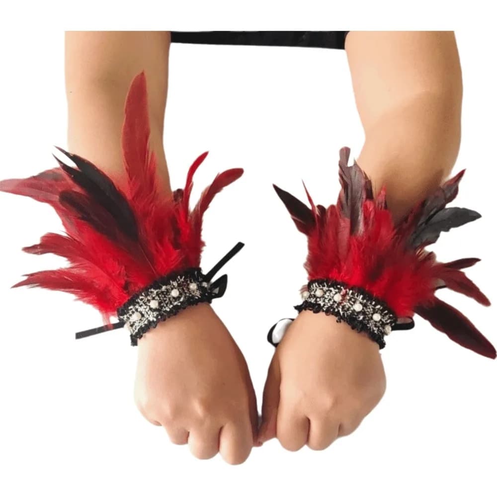 Elegant Lace Feather Wrist Cuffs Pearl Adjustable Halloween Arm Cuff Lightweight Gloves Wristband Costume Prop