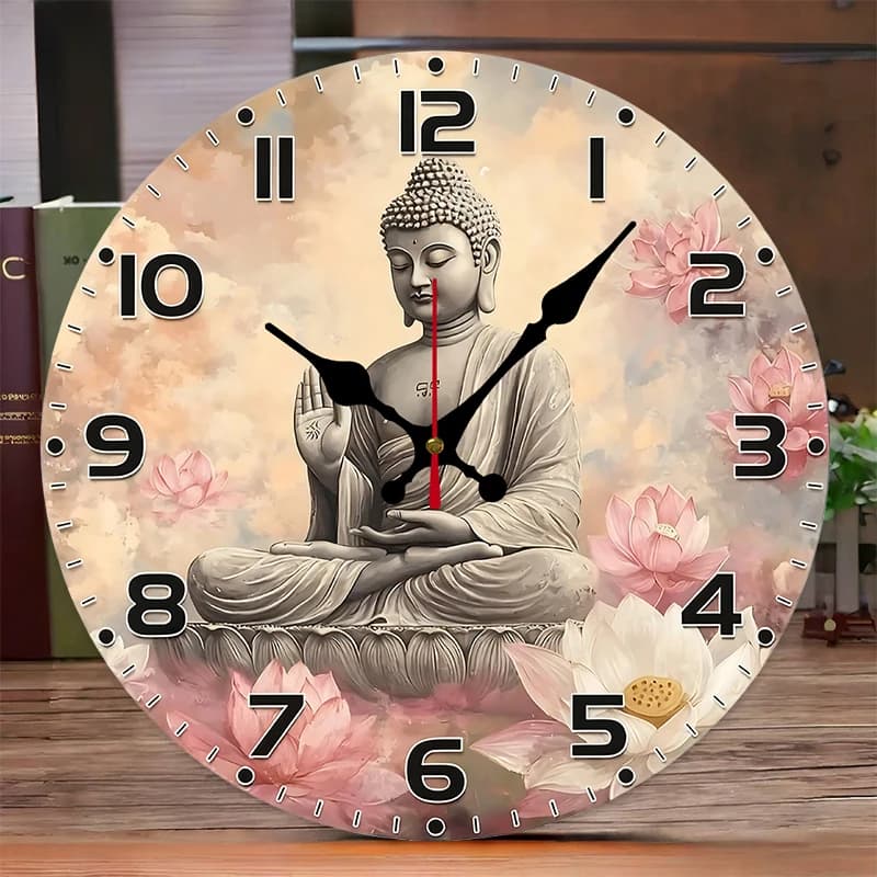 Orologio da parete sospeso silenzioso rotondo in legno Serene Buddha, adatto per soggiorno, ufficio, sala studio, camera da letto, decorazione domestica