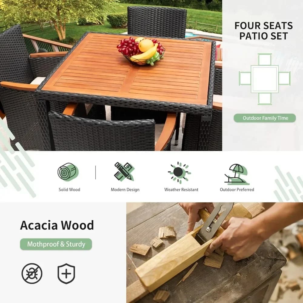 -Set of patio furniture for 9 pieces, acacia wooden table and chairs with soft cushions, outdoor furniture set