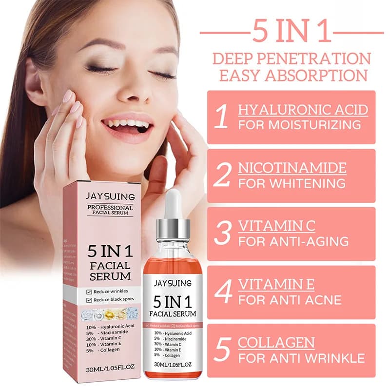 Face serum 5 in 1 moisturizing and firming with hyaluronic acid, vitamin C and collagen, reduces wrinkles and dark spots for radiant skin