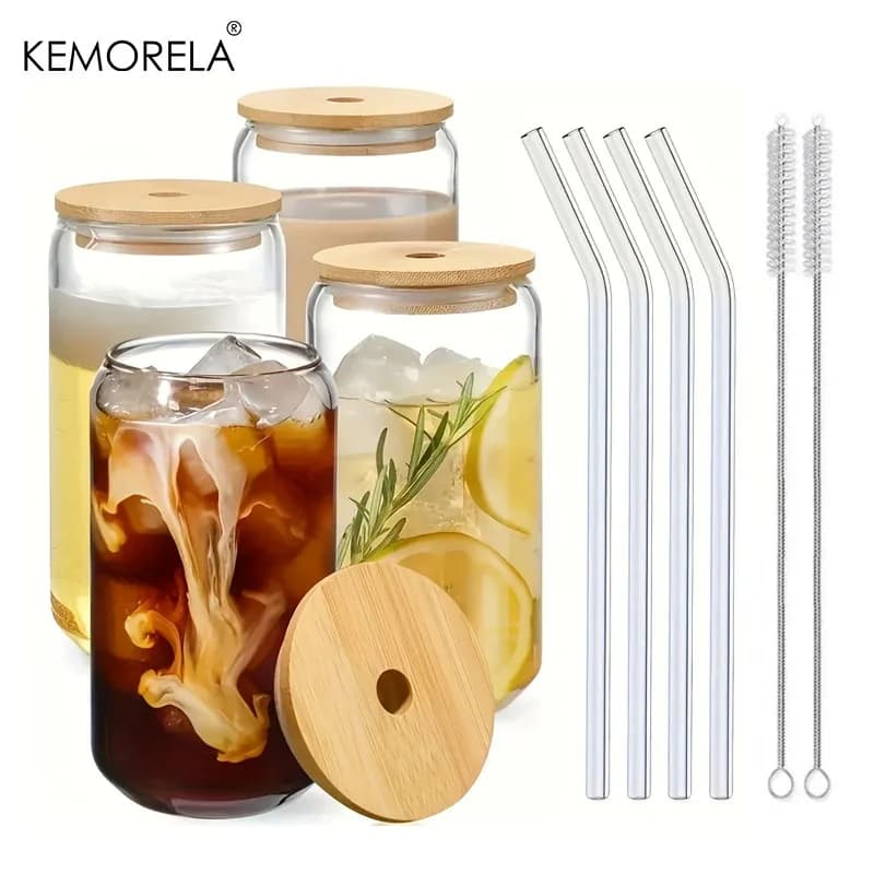 Set di 1/4 Tazze con Coperchio e Cannuccia, Trasparenti, Ideali per Bubble Tea, Succhi, Birra, Latte, Mocha, Tazze per Colazione, Bicchieri per Bevande