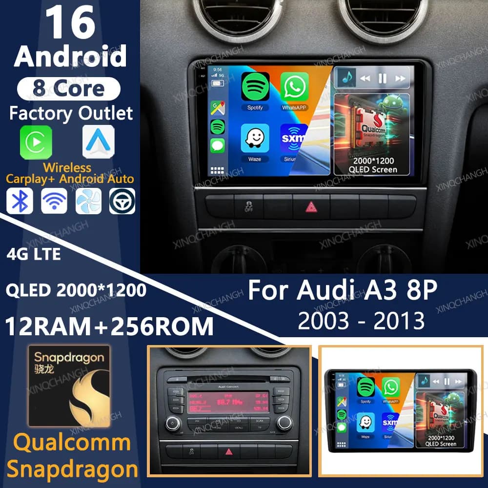Android 16 Car Radio For Audi A3 8P 2003 - 2013 GPS BT Head Unit QLED Multimedia Video Player 4G WIFI Carplay Auto Qualcomm 2DIN