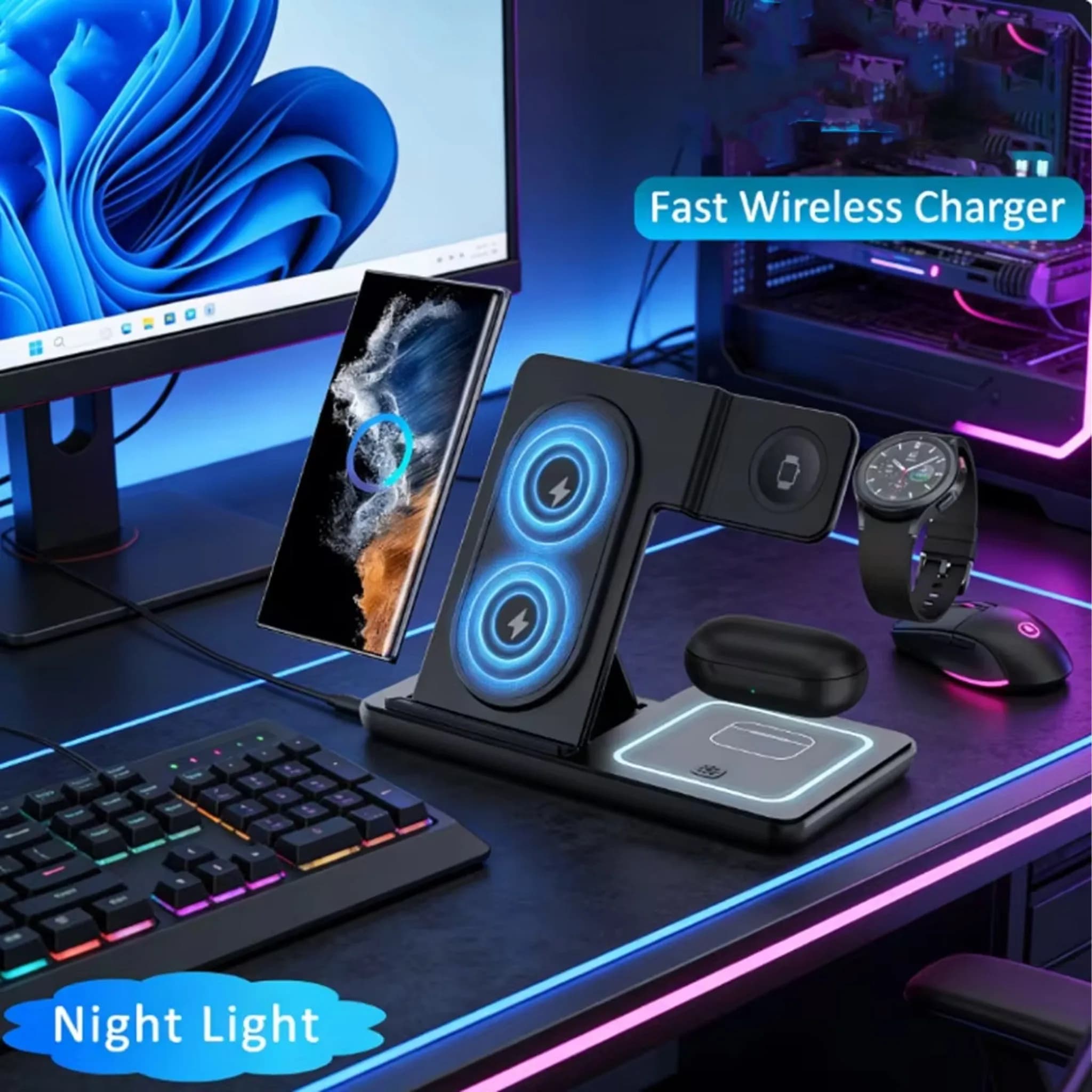 Caricatore Wireless Veloce 100W 3 in 1 per Samsung Galaxy Z Fold 5/4/3 Z Flip 5/4/3 S23 Ultra Watch 6 Buds