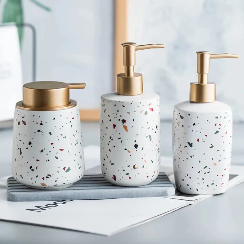 Bottiglia portatile per lavaggio a mano - Design con motivo in terrazzo per uso in bagno, dispenser per lozioni e contenitore per sapone per un'organizzazione elegante