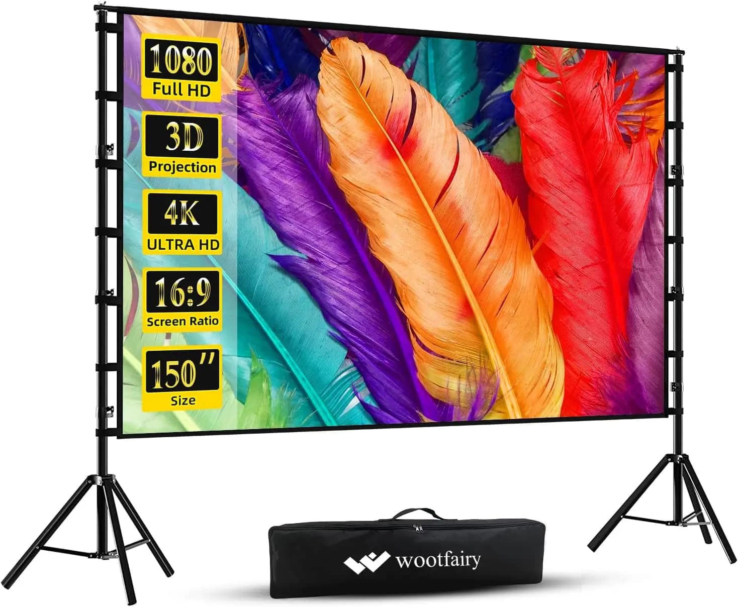 Schermo per Proiettore Portatile da 150 Pollici con Supporto, Pieghevole 4K HD Senza Pieghe per Home Theater Interno ed Esterno