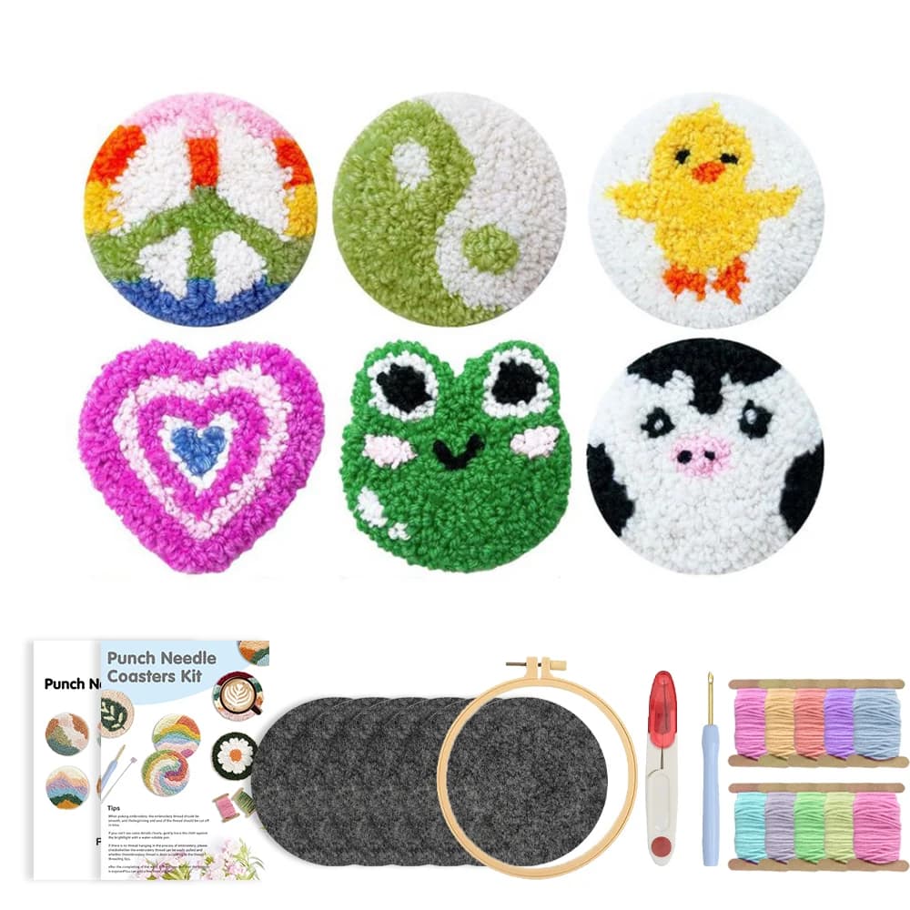 RUOPOTY 6pcs Punch Needle Coaster Little Yellow Chicken Punch Needle Kits Original Gifts Craft Supplies Animal Punch Needle Star