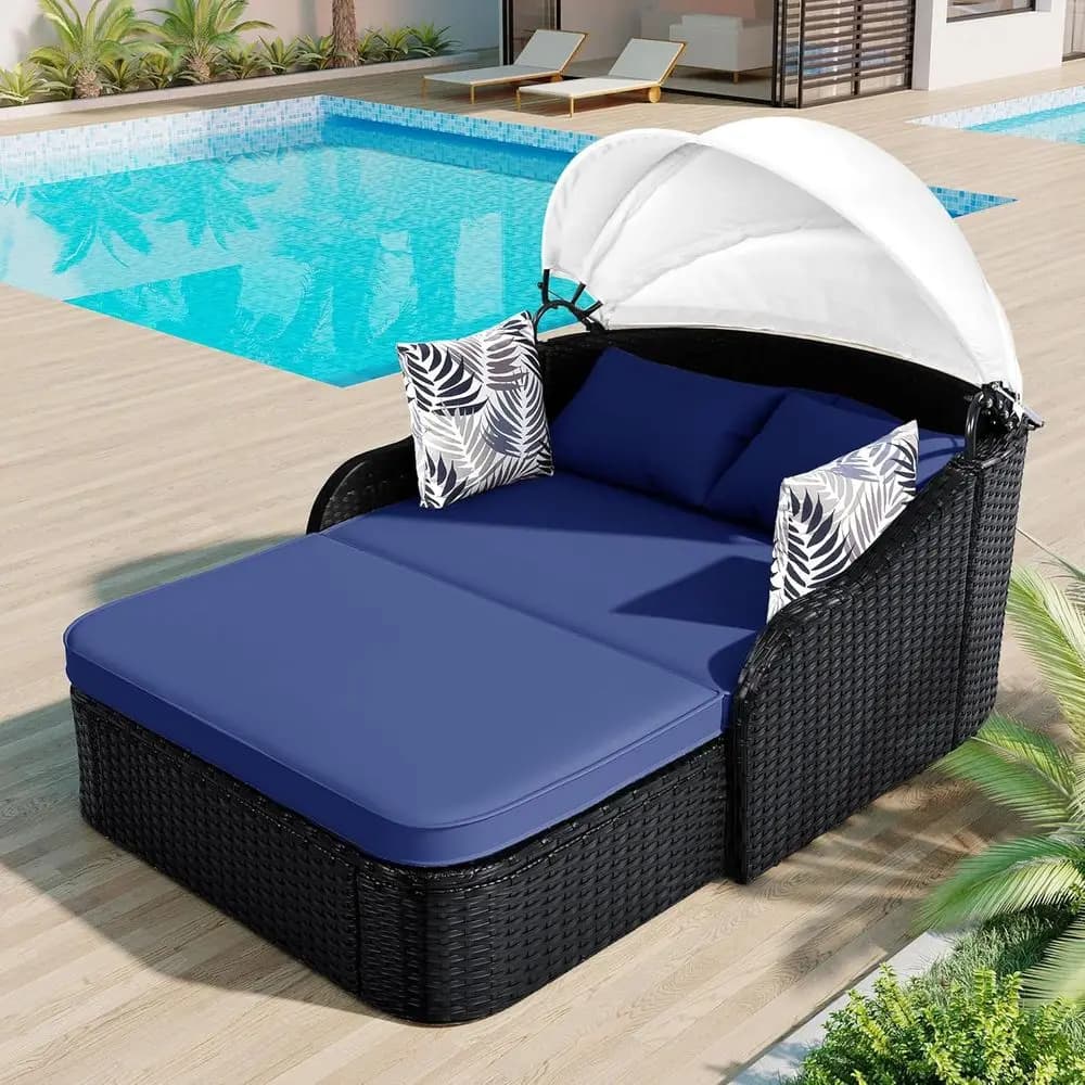 Lettino prendisole da esterno con braccioli curvi regolabili, daybed in rattan PE da 202 cm con 4 cuscini, lettino prendisole doppio