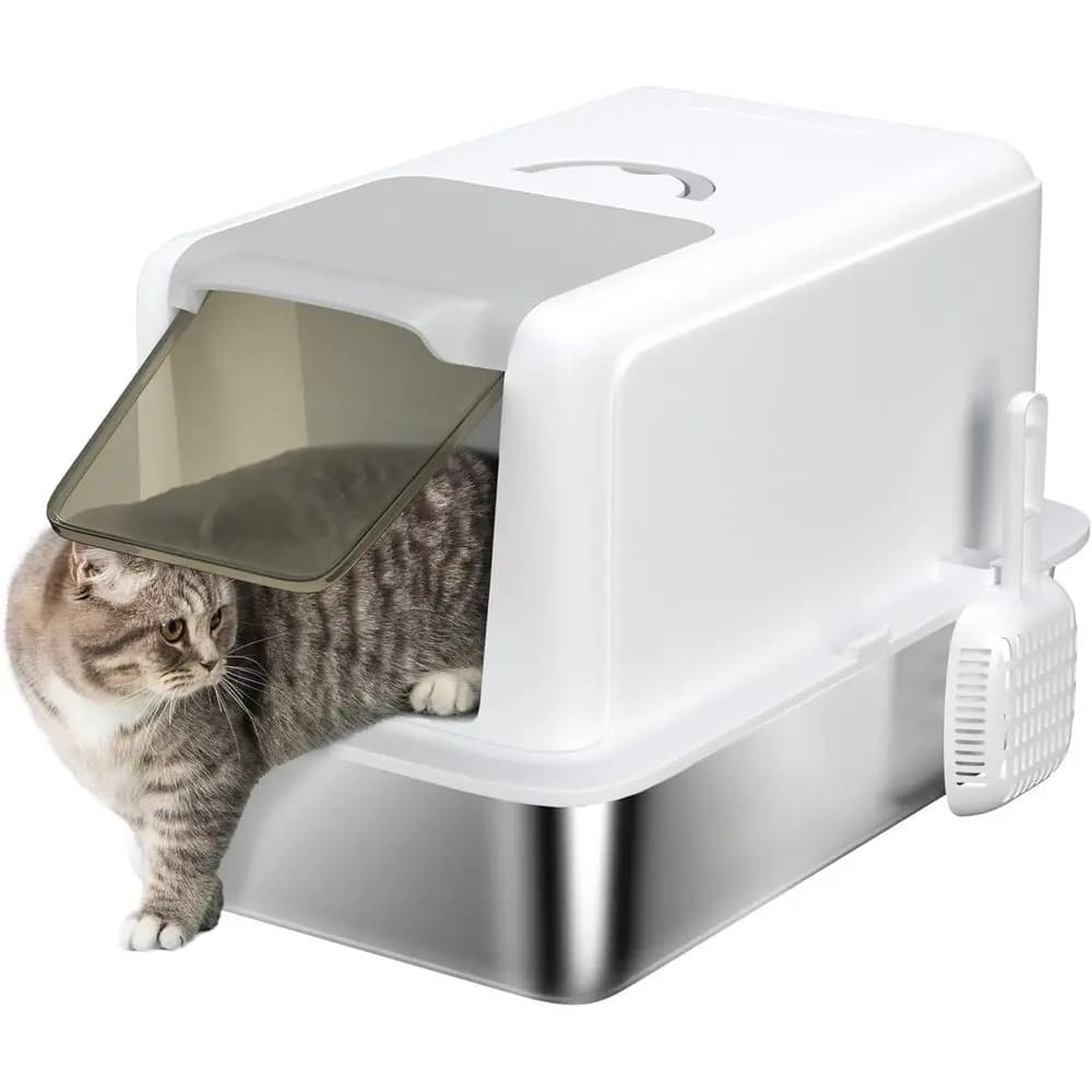 Lettiera per Gatti in Metallo Extra Large 2-in-1 con Recinzione Alta, Coperchio Rimovibile, Paletta, Sacchetti Filtranti, Facile da Pulire per Gatti Piccoli e Grandi