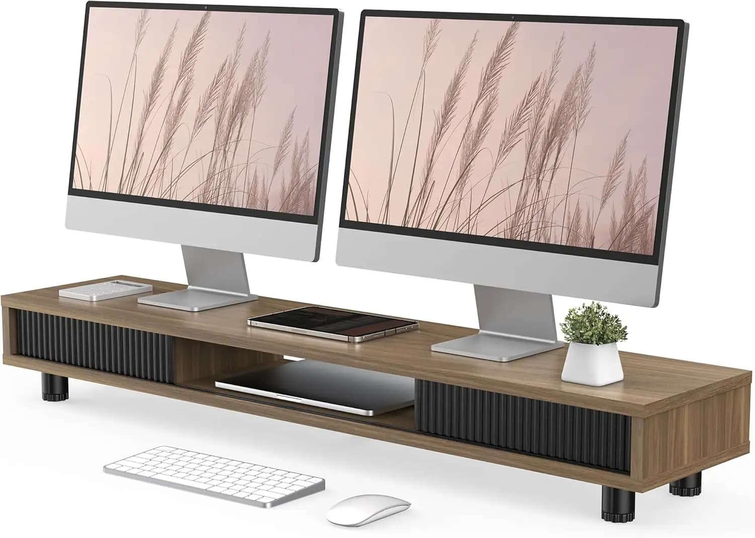 Supporto per doppio monitor da 42,5 pollici, ripiano lungo da scrivania con cassetto portaoggetti e porta scorrevole, supporto per computer a 2 livelli per laptop, stampante, TV, nero