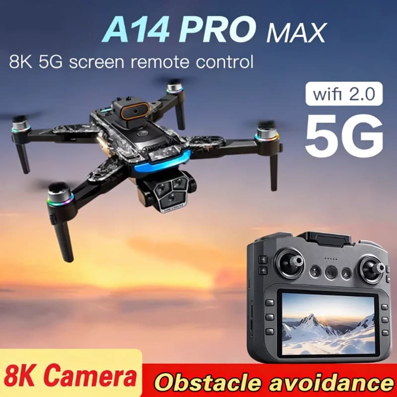 Drone GPS A14 Pro Max 2026 con controllo tramite schermo, evitamento ostacoli, flusso ottico e telecomando intelligente, portata 10000m