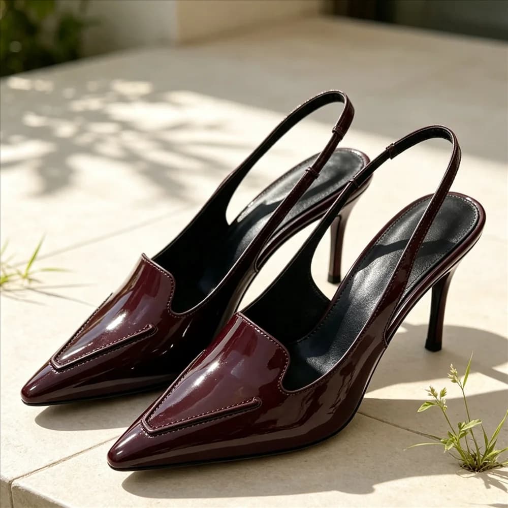 Women Burgundy Patent Leather Slingback Heels Pointed Toe Stiletto Pumps Elegant Back Strap Wedding Party Office Dress Shoes