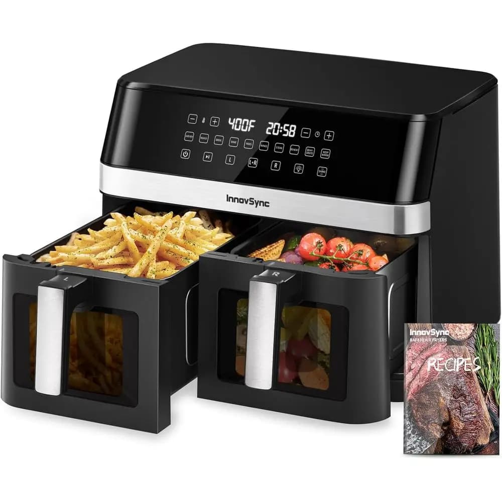 Dual Zone 10-in-1 air cooler with 2 6QT baskets, 60 ° Touch Panel, SyncCook, View Window, Black