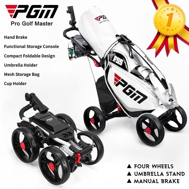 PGM Foldable 4-Wheel Golf Trolley, Manual Brake Golf Push Cart with Umbrella Rack and Water Bottle Holder, Portable Golf Course