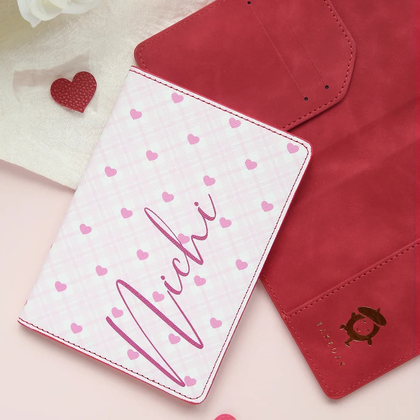 1PCS Customized Name Passport Holder Chic Pink Plaid Hearts Passport Cover Unique Handmade Travel Accessories Gifts for Girl