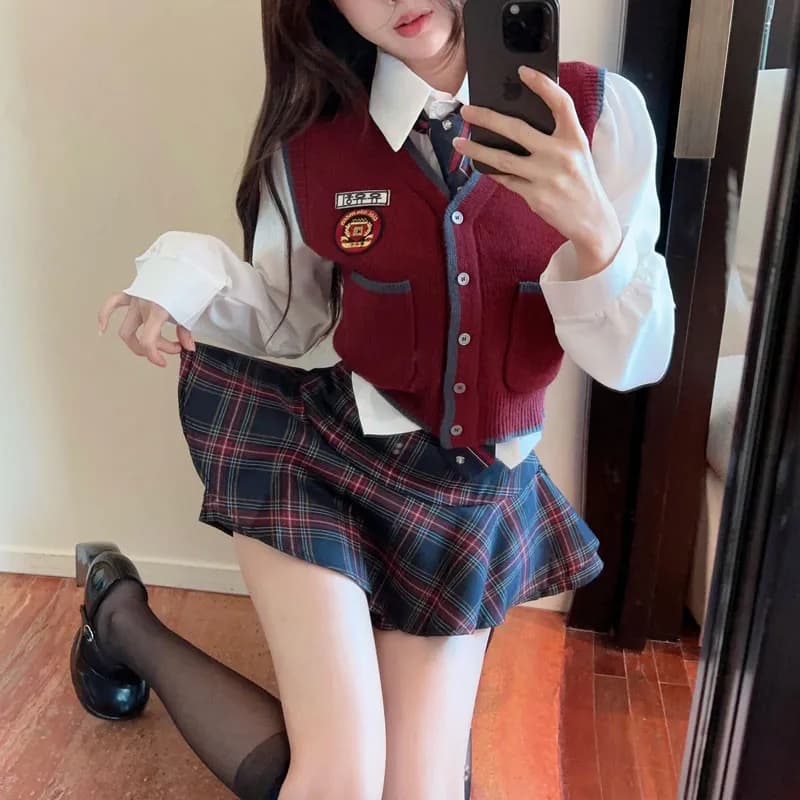 Preppy Style Spice Girl Fashion 2 Pieces Matching Sets Y2k White Shirt&Short Knit Vest&Plaid Mini Shorts Skirt 3pc Uniform Suits