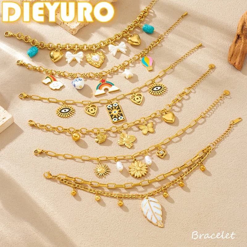 DIEYURO Bracciale in acciaio inossidabile 316L con smalto colorato Fiore Arcobaleno Cuore Bracciale con perle Lady New Fashion Classic Catena da polso Gioielli
