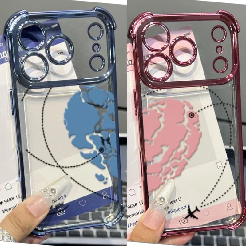 Case For iPhone 16 17 Pro Max 17air 15 Plus 16E 11 ProMax Airplane Route Love Heart Transparent Plating Soft Shockproof Cover