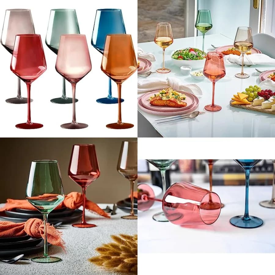 Set di 6 Bicchieri da Cocktail Colorati, 18oz, in Cristallo Unico con Stelo - Lussuosi Bicchieri Multicolore per Vino e Bevande