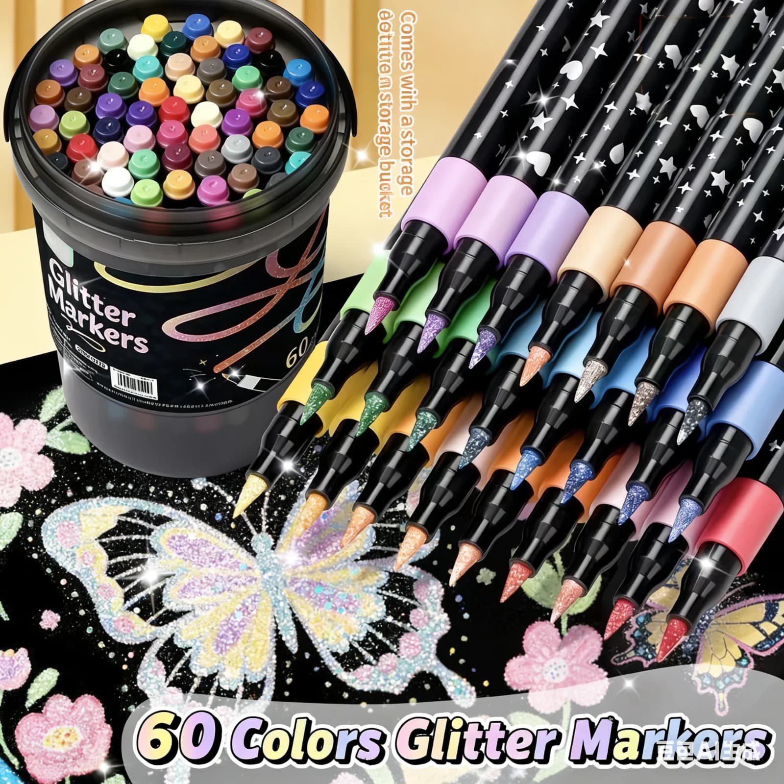 Set di Pennarelli Glitter a Doppia Punta 96/72/48/24 Colori - Penne Acquerello a Punta Fine con Colori Vibranti, per Biglietti d'Auguri, Tazze, Fai da Te su Legno