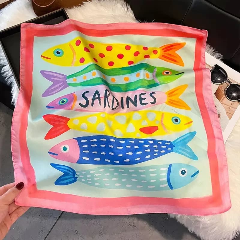 Fashion Fish Pattern Square Silk Head Scarfs Women Elegant Hijab All Seasons Decorate Neck Ties Headscarf Foulard Soft Bandana