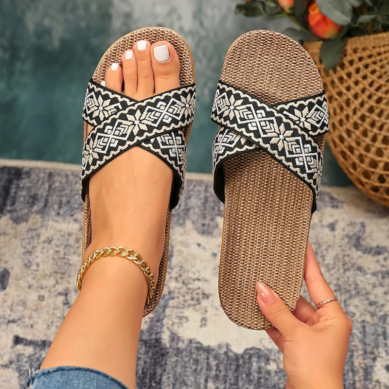 Retro Floral Home Slippers Women Linen Summer Shoes Ladies Elegant Silent Indoor Slides Cross Strap Sandals Lightweight Non-Slip