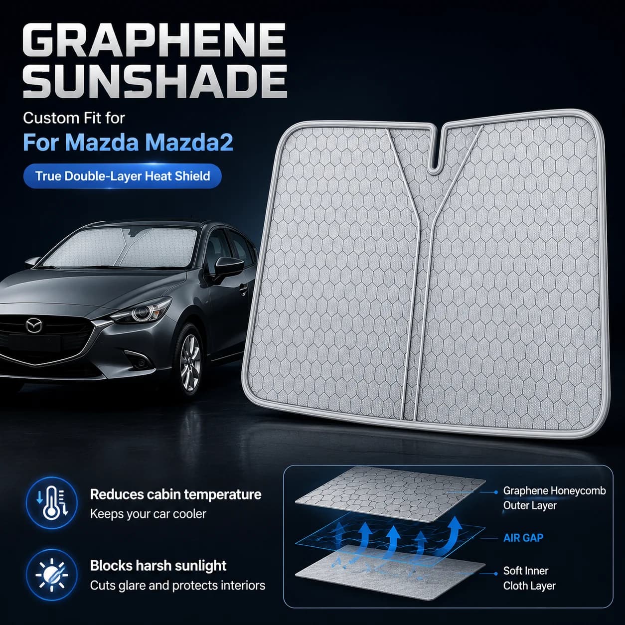 For Mazda Mazda2 Graphene Windshield Sunshade Custom Fit Car Sunshade UV Sun Protection Car Accessories