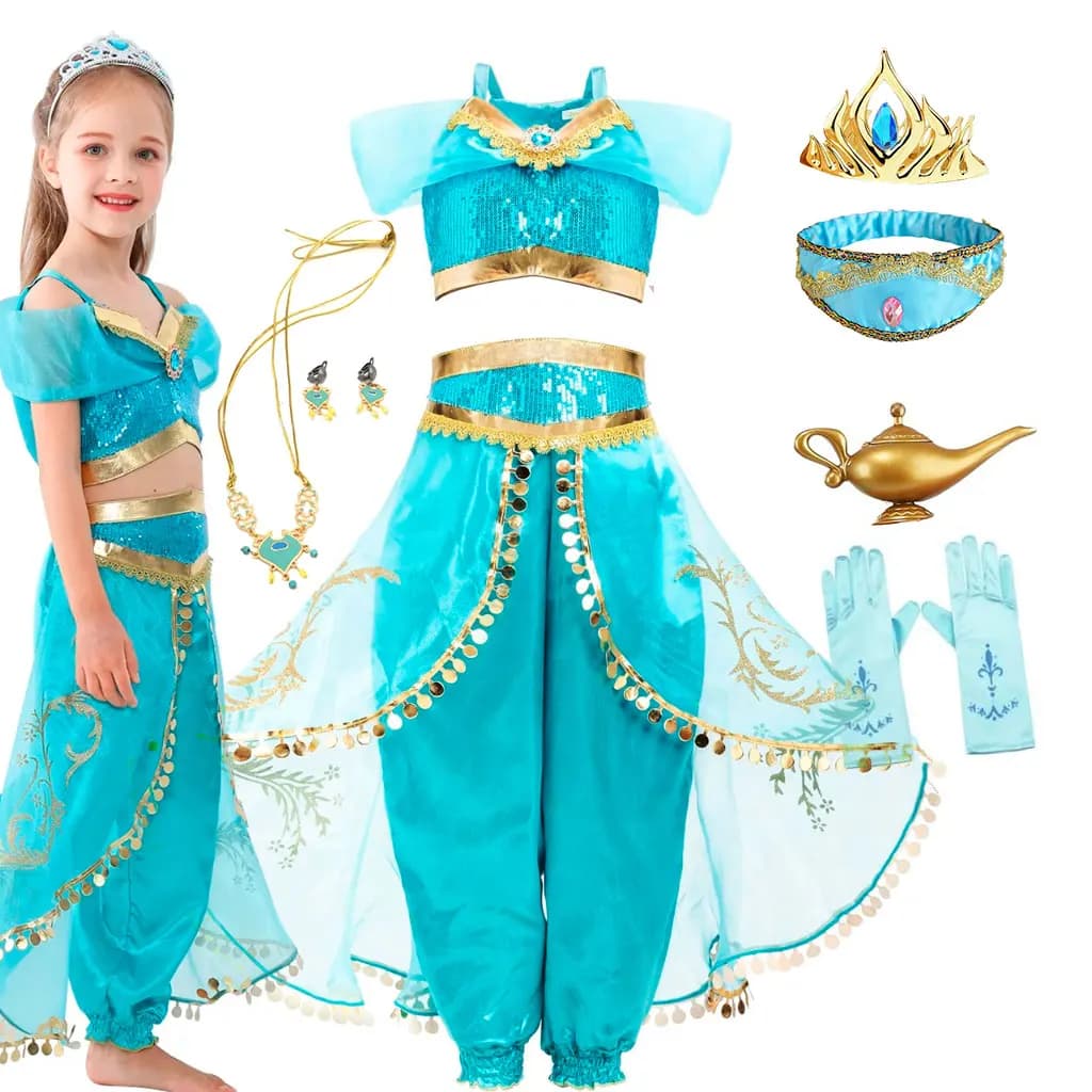 Costume da Fata Jasmine di Aladdin e la Lampada Magica, Abito da Principessa per Bambine, Outfit per Halloween e Carnevale 2026