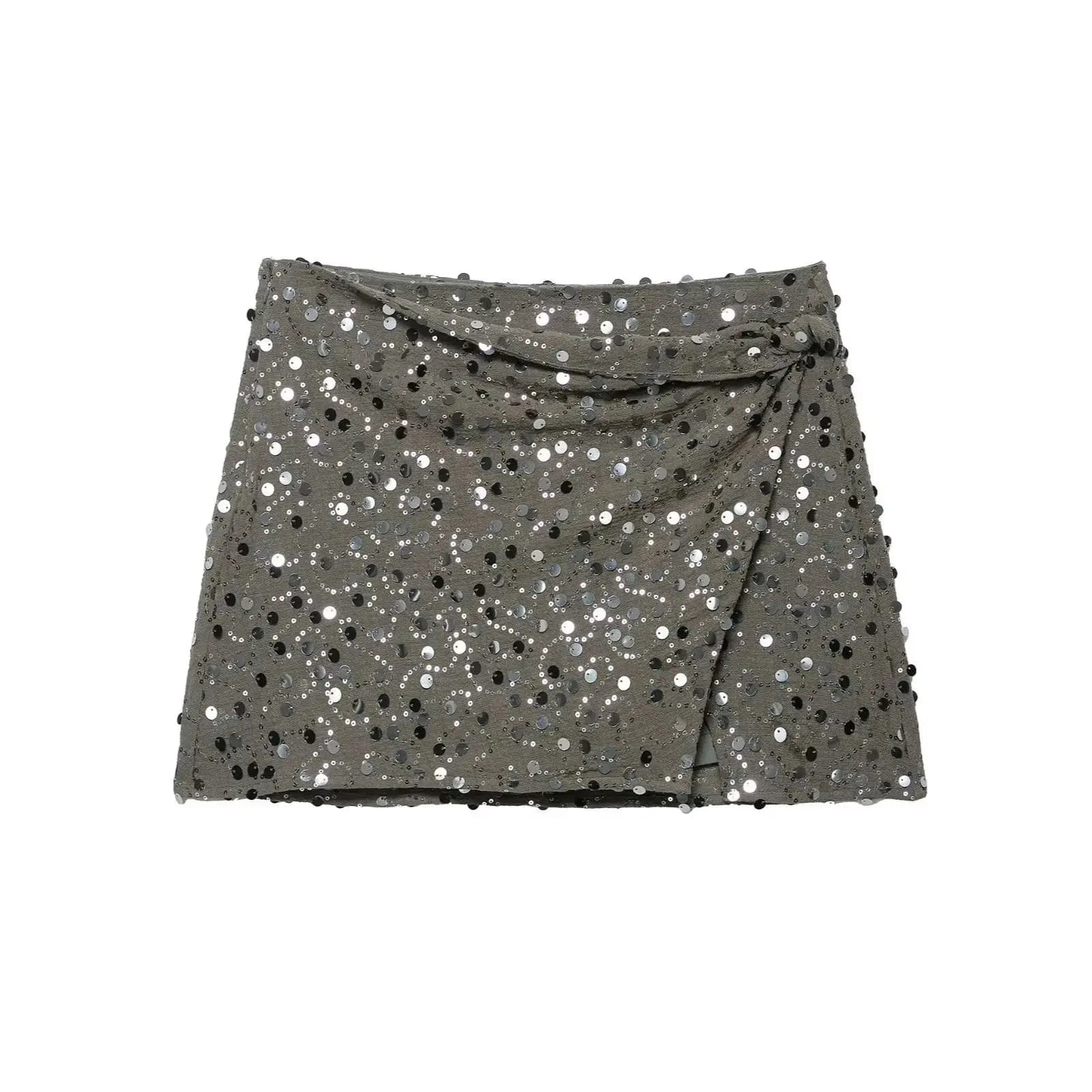 ZEVITY 2025 Women Fashion Sequined Side Knotted Sarong Shorts Skirts Lady Zipper Fly Slim Chic Pantalone Cortos Vestidos QUN9404